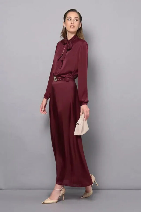 šaty s mašľou dlhé baklažánovo bordové Rinascimento