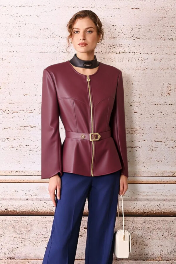 bunda z imitácie kože s volánom bordová Rinascimento