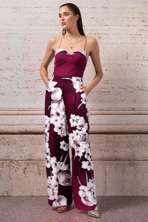 nohavice palazzo letné bordové s kvetmi Rinascimento