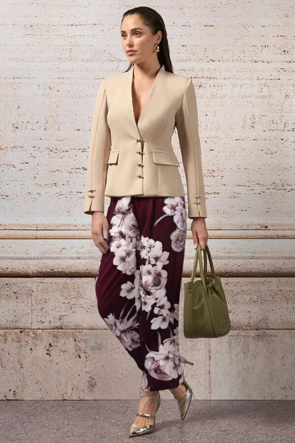 nohavice palazzo letné bordové s kvetmi Rinascimento