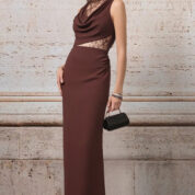 šaty s čipkou dlhé spoločenské hnedé Rinascimento