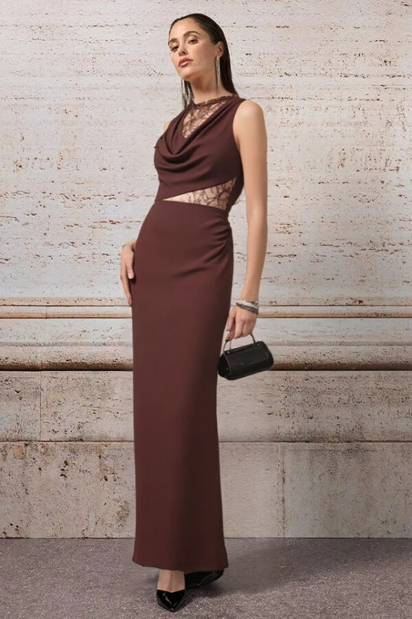 šaty s čipkou dlhé spoločenské hnedé Rinascimento