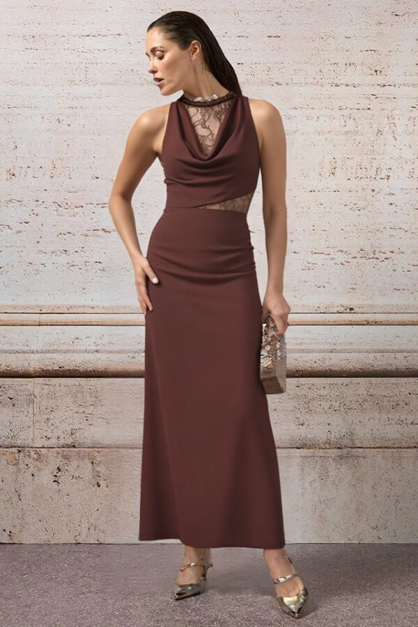 šaty s čipkou dlhé spoločenské hnedé Rinascimento